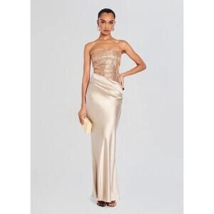 NWT $998 Retrofete Alexandra Crystal Sequin Corset Ruched Satin Maxi Dress Small